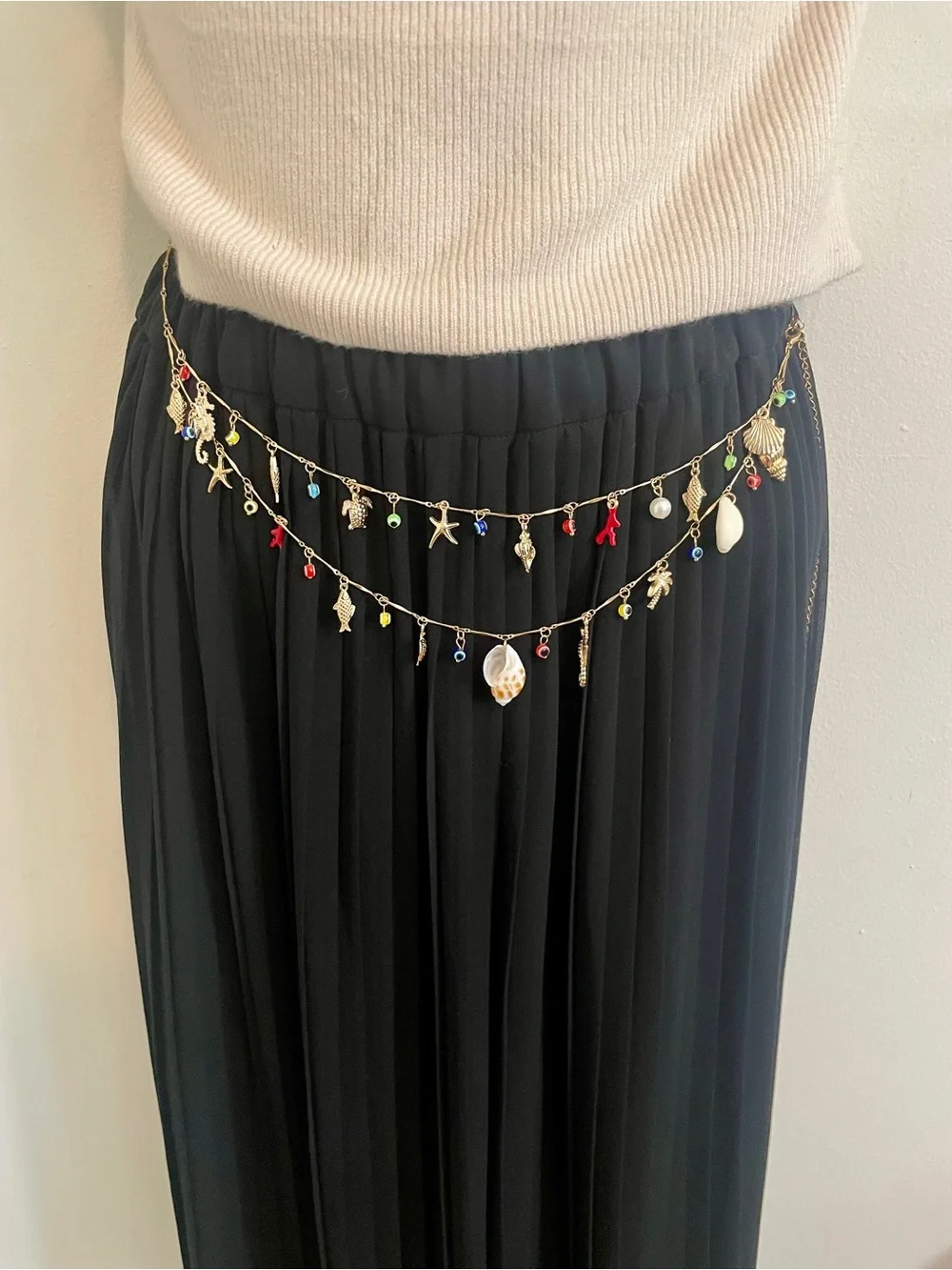 Boho Beachy Conch Seahorse Starfish Turtle Evil Eye Double Layered Waist Chain